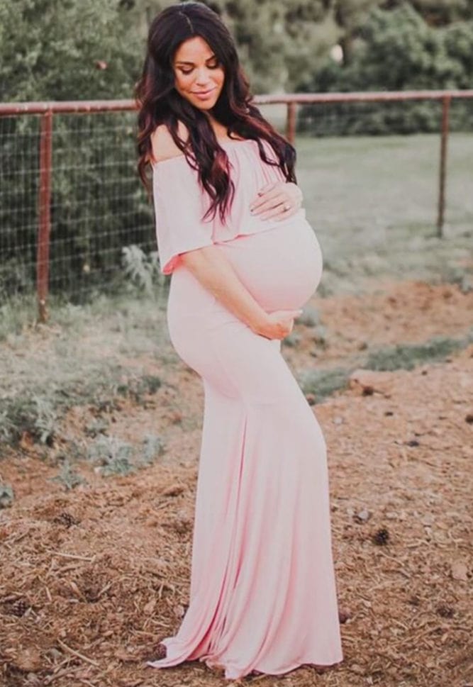 off the shoulder maternity flare gown