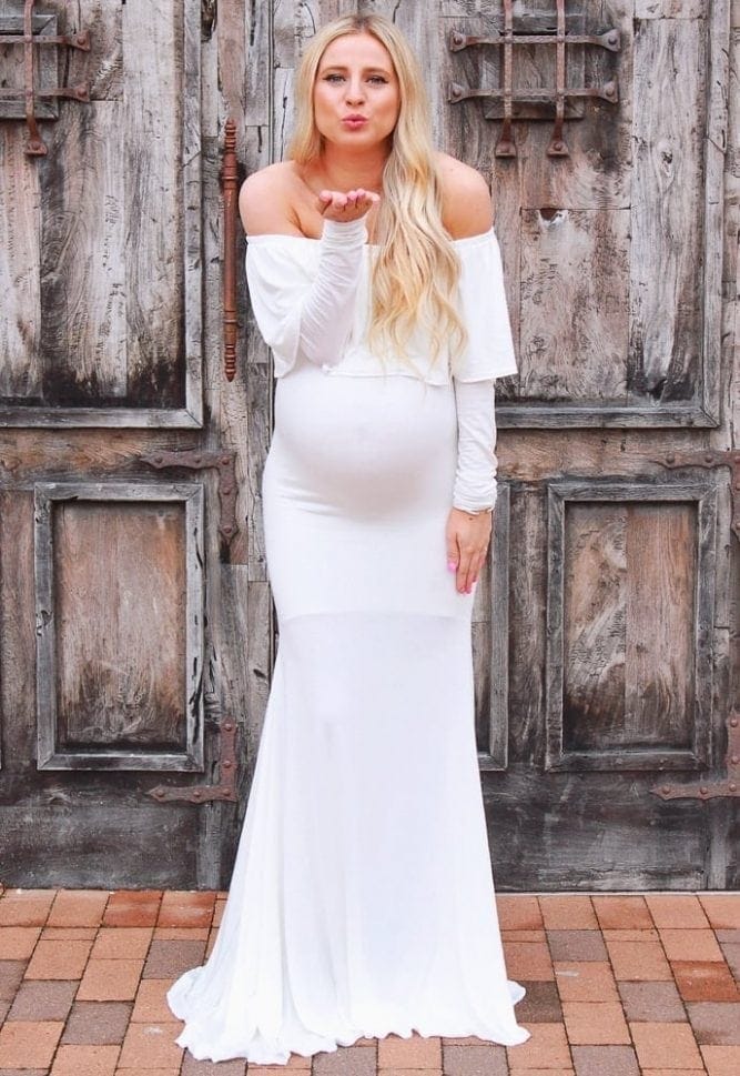 off the shoulder baby shower gown
