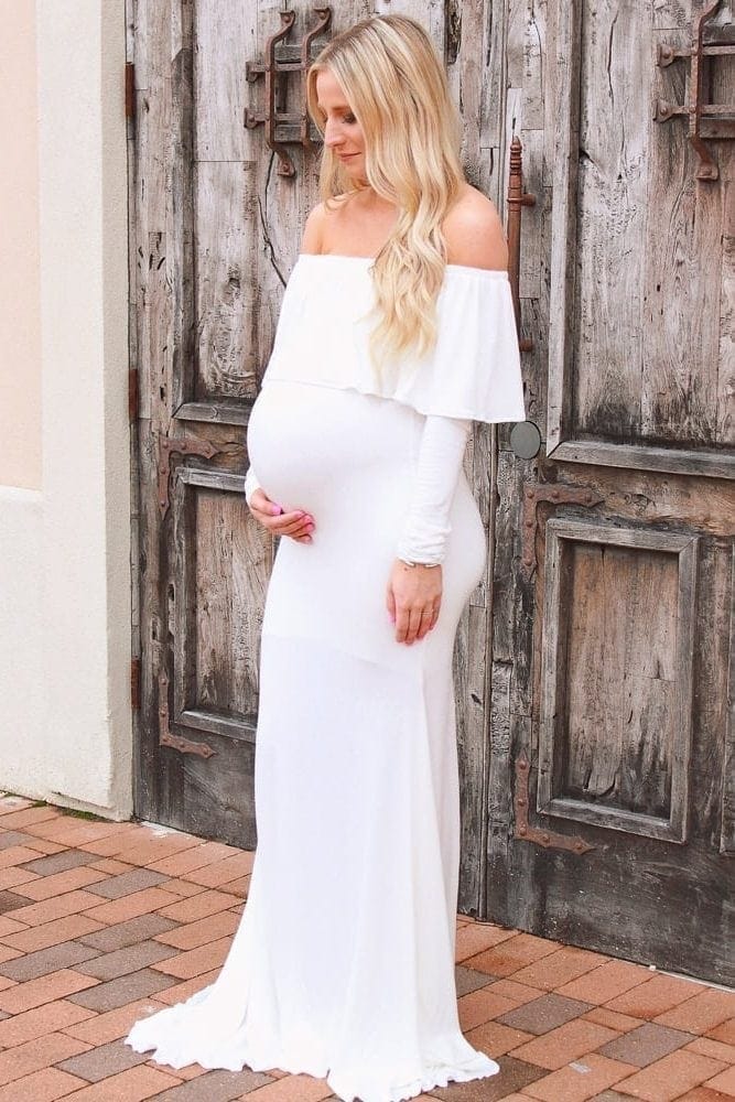 off the shoulder baby shower gown