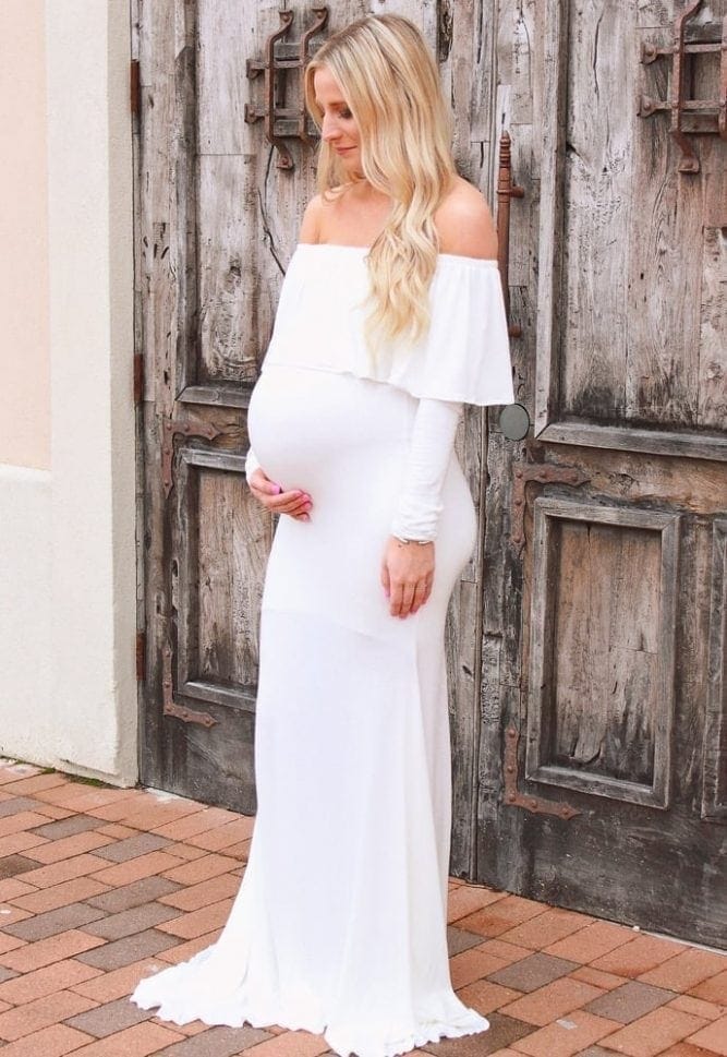 off the shoulder baby shower gown