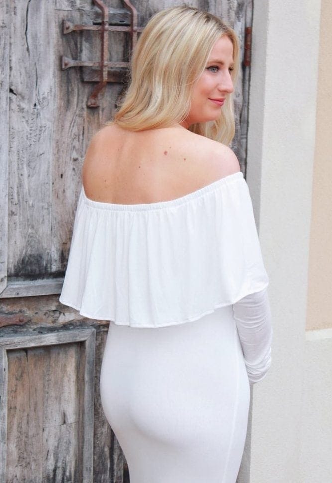 off the shoulder baby shower gown