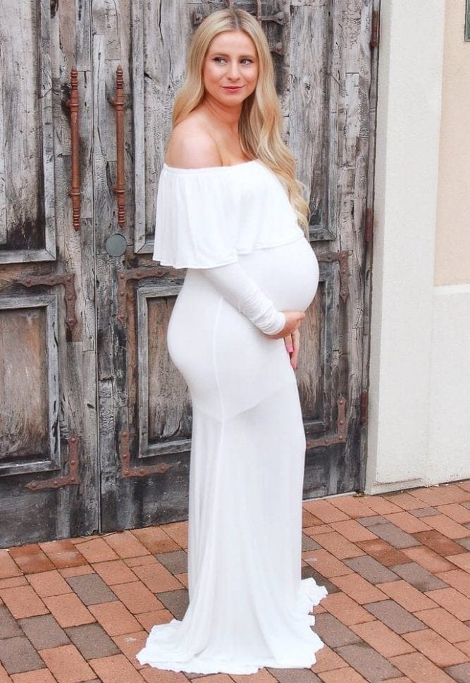off the shoulder baby shower gown