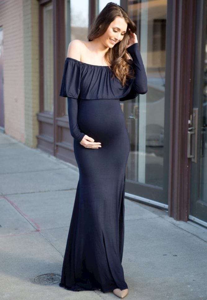 off the shoulder baby shower gown