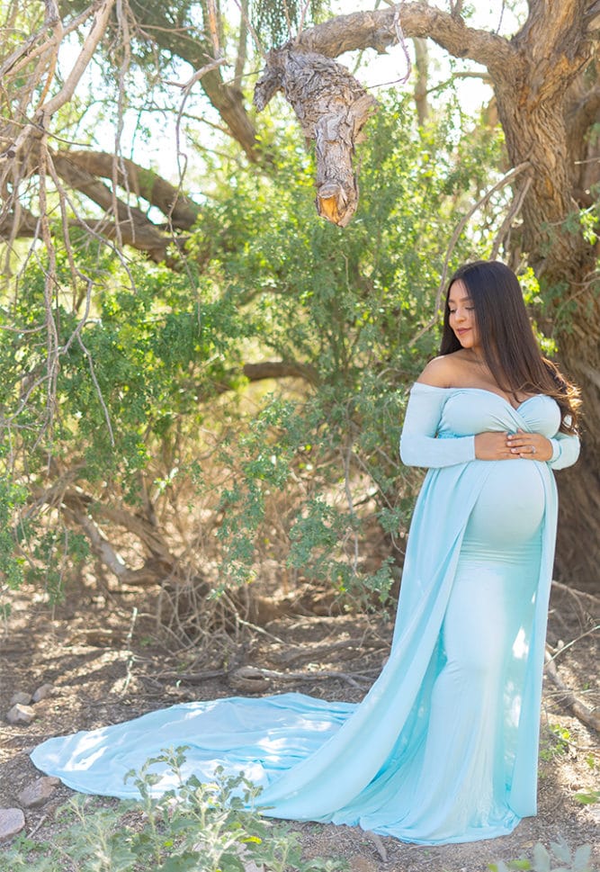 long sleeve maternity gown with chiffon train