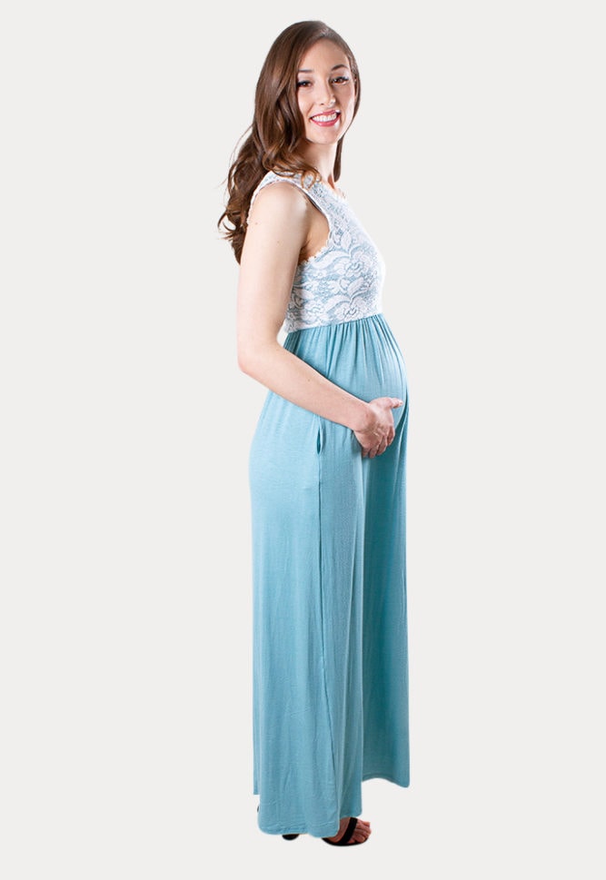 blue lace maternity maxi dress
