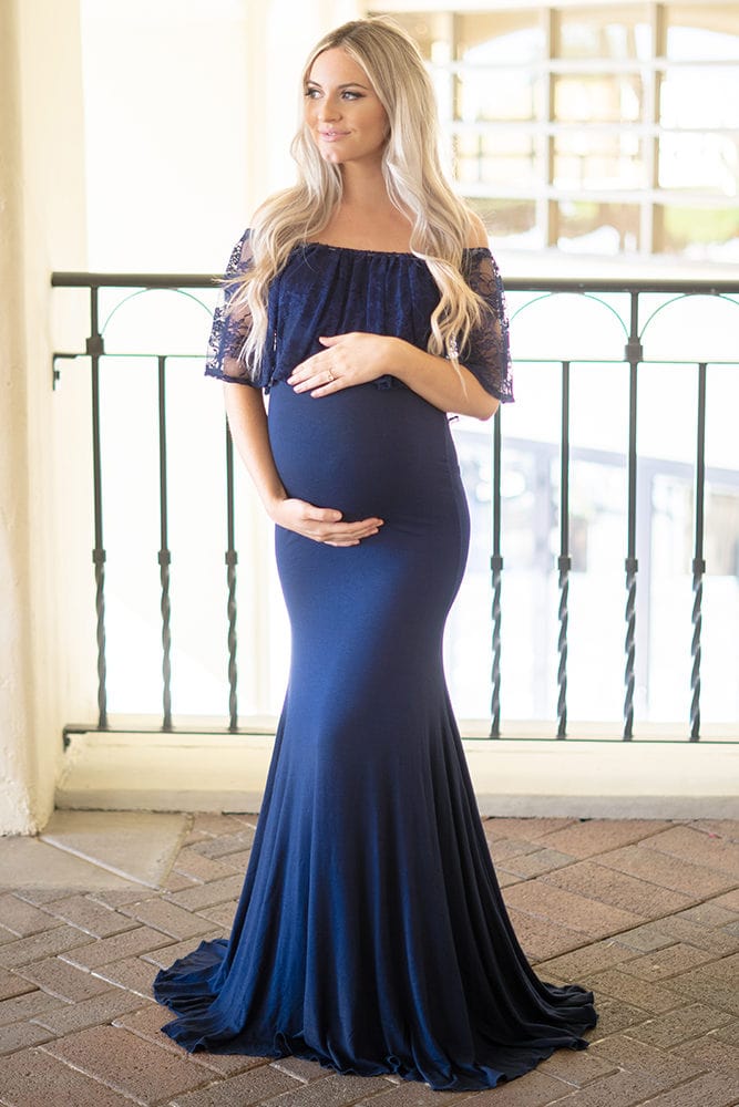 lace off the shoulder maternity gown