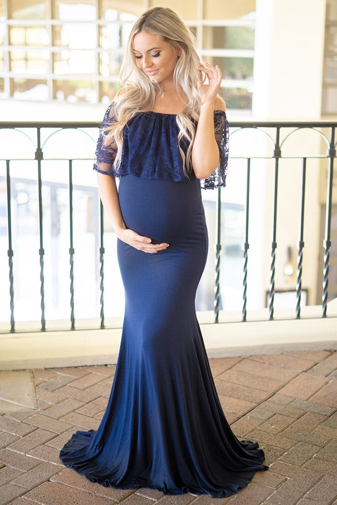 lace off the shoulder maternity gown