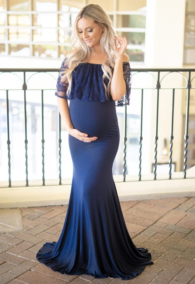 lace off the shoulder maternity gown