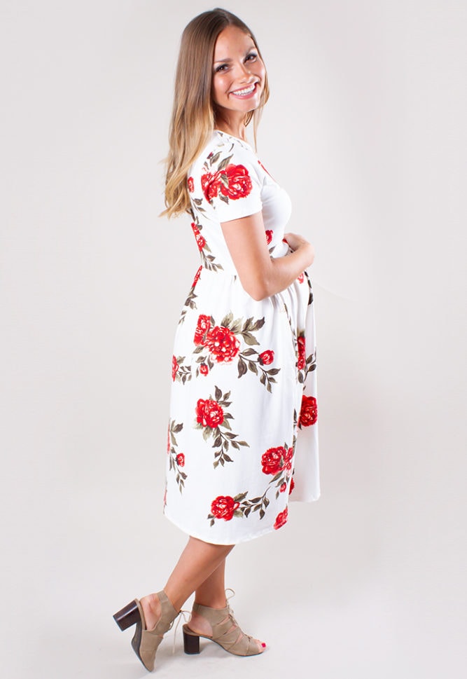 red floral maternity dress