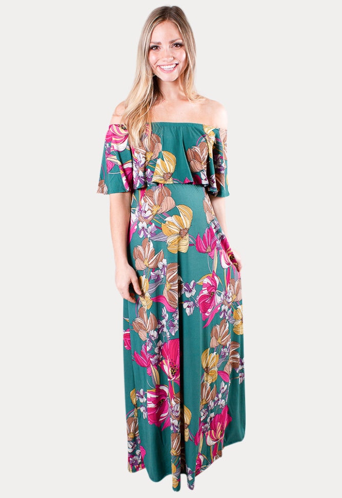 off the shoulder maternity maxi dress