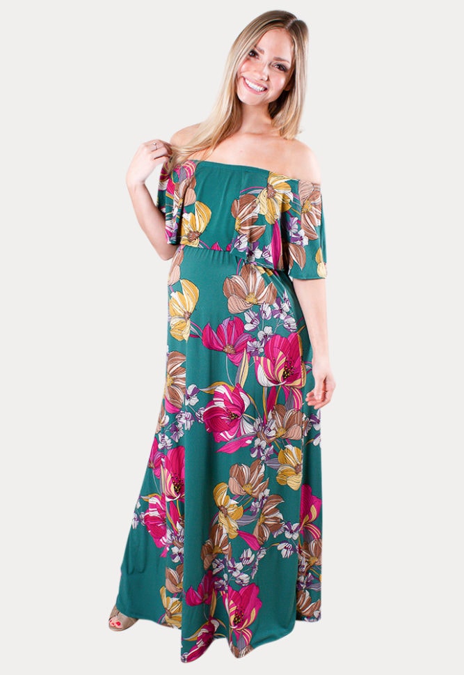 off the shoulder maternity maxi dress