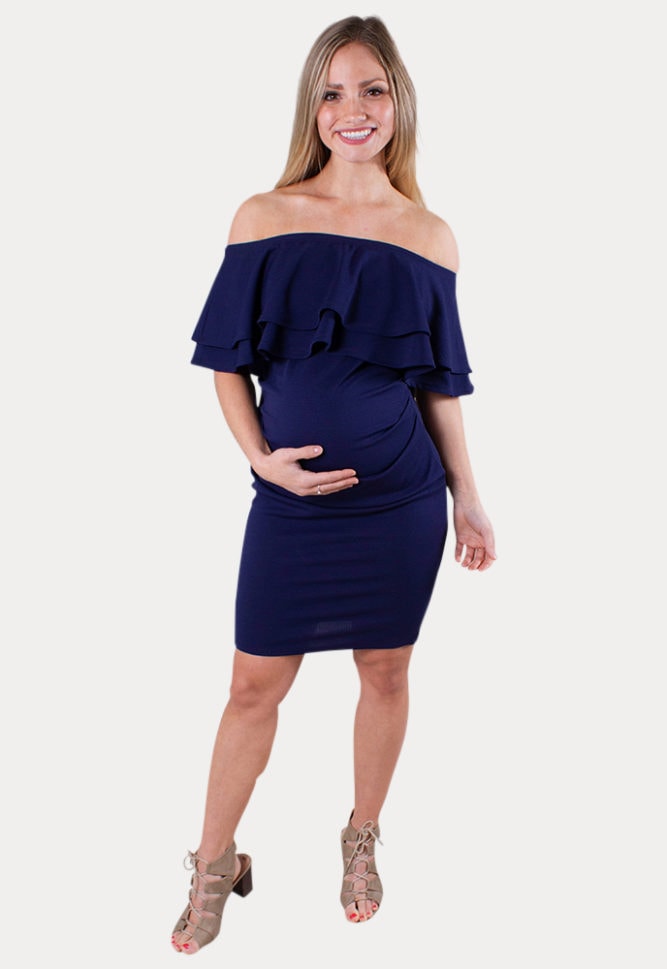 off the shoulder maternity mini dress