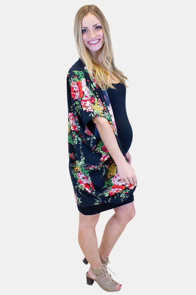 black maternity kimono with flowers