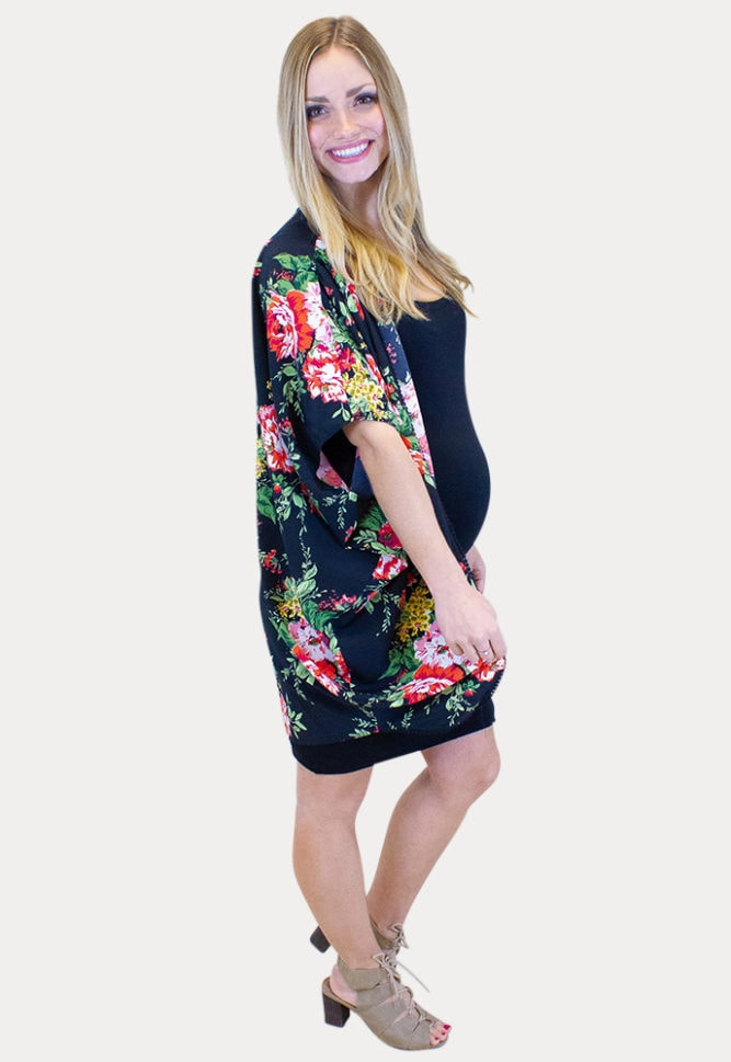 black maternity kimono with flowers