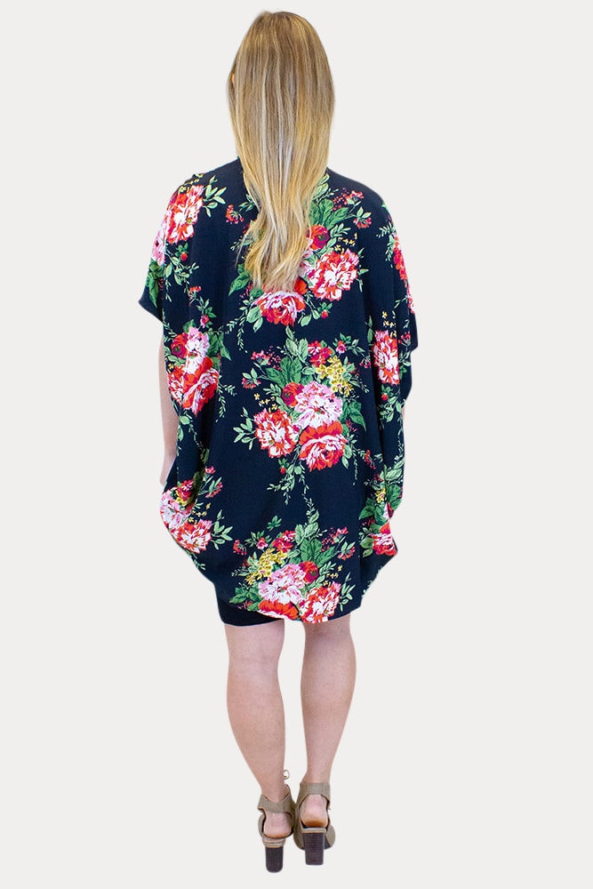 black maternity kimono with flowers
