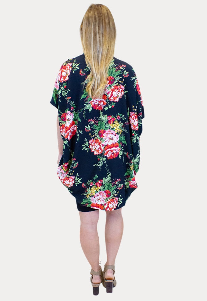 black maternity kimono with flowers