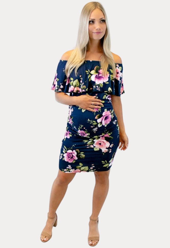 navy blue floral maternity dress