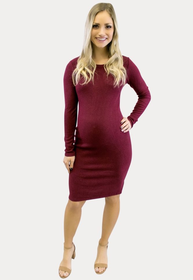 Long Sleeve Ribbed Mini Dress in Burgundy