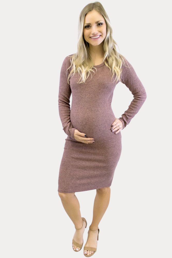 Long Sleeve Ribbed Mini Dress in Mauve