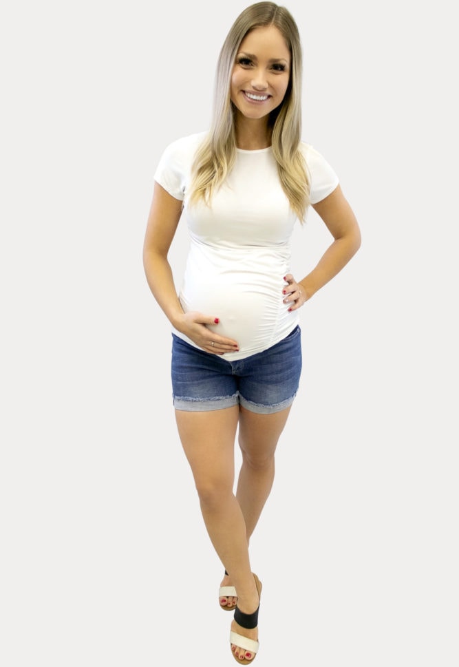 dark wash maternity shorts