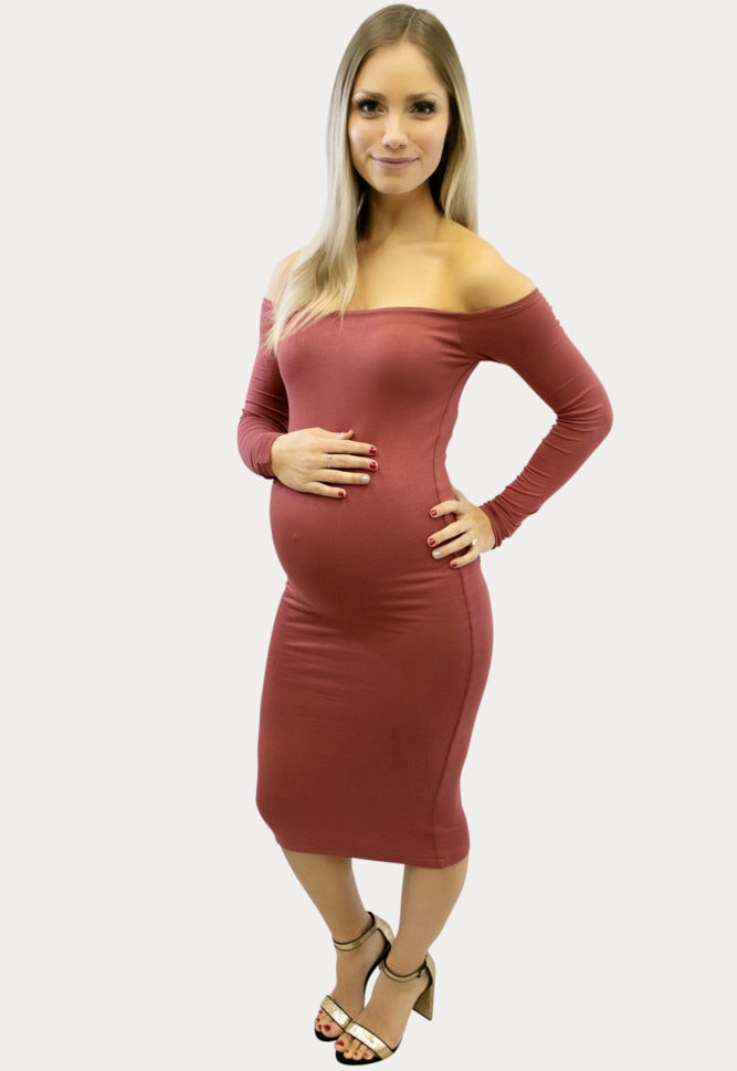 off the shoulder midi maternity dress