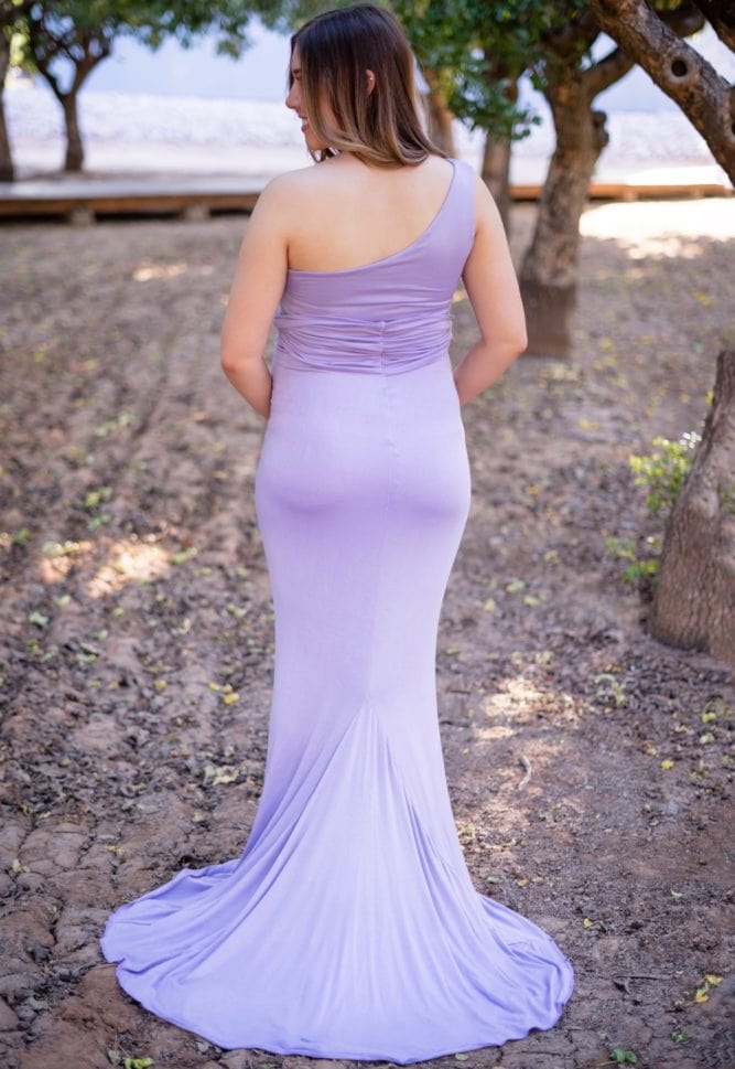 one shoulder maternity gown with train