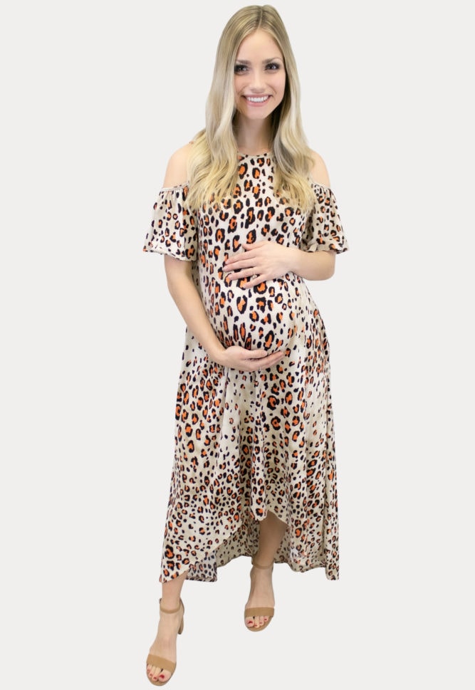 cream leopard maternity dress
