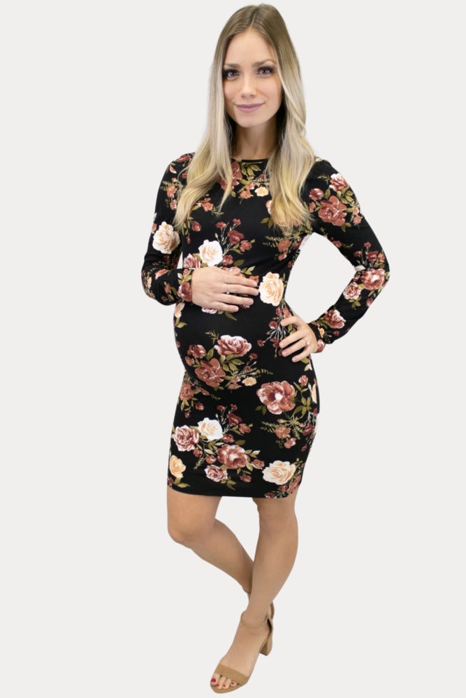 black floral scoop back maternity dress