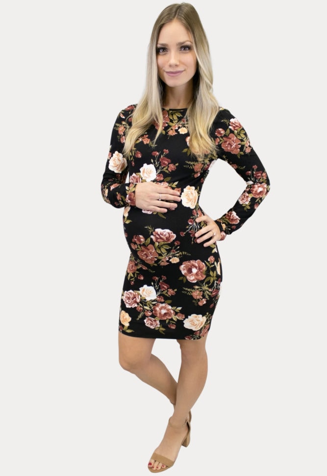 black floral scoop back maternity dress