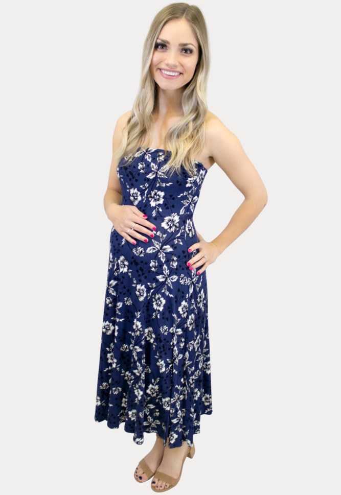 Strapless Navy Floral Maternity Dress