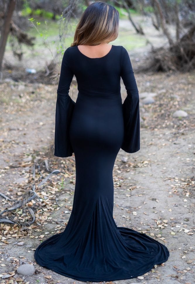 bell sleeve maternity gown with mini train