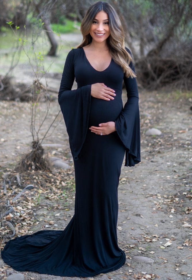 bell sleeve maternity gown with mini train