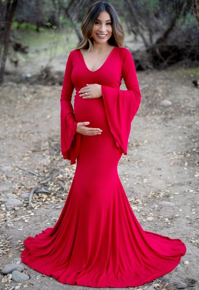 bell sleeve maternity flare gown