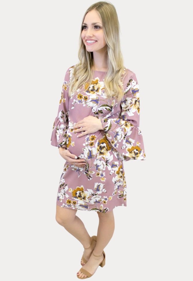 mauve bell sleeve maternity dress