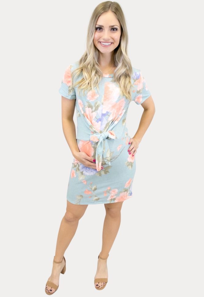 blue tie front maternity dress