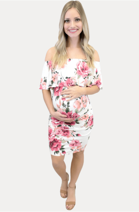 off the shoulder floral maternity bodycon