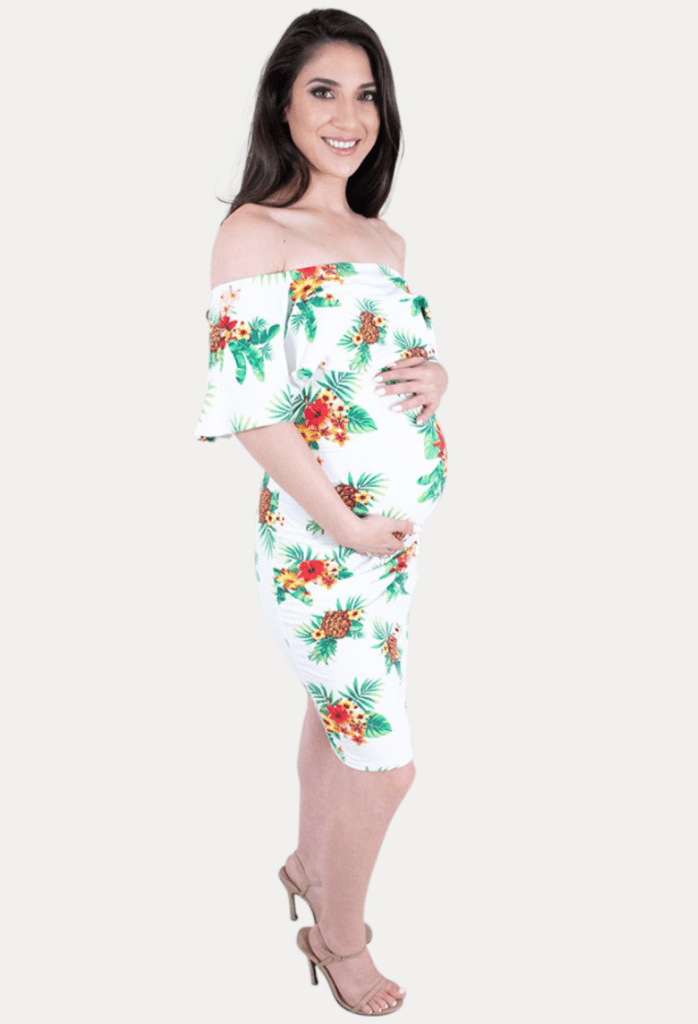 off the shoulder floral maternity bodycon