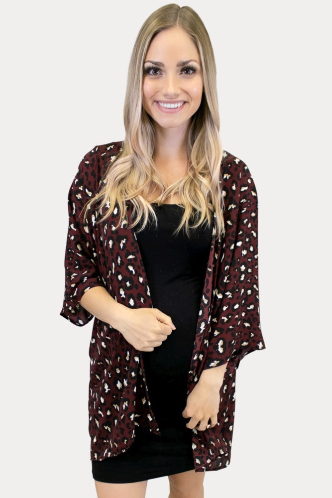 Burgundy leopard maternity kimono