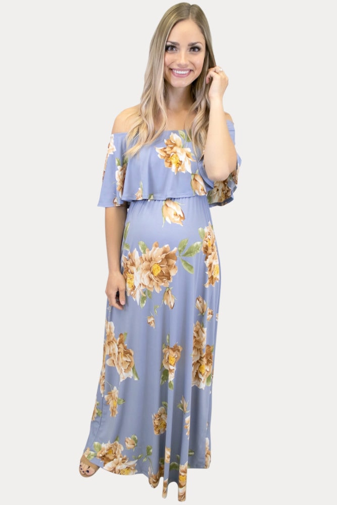 pale blue floral maternity maxi