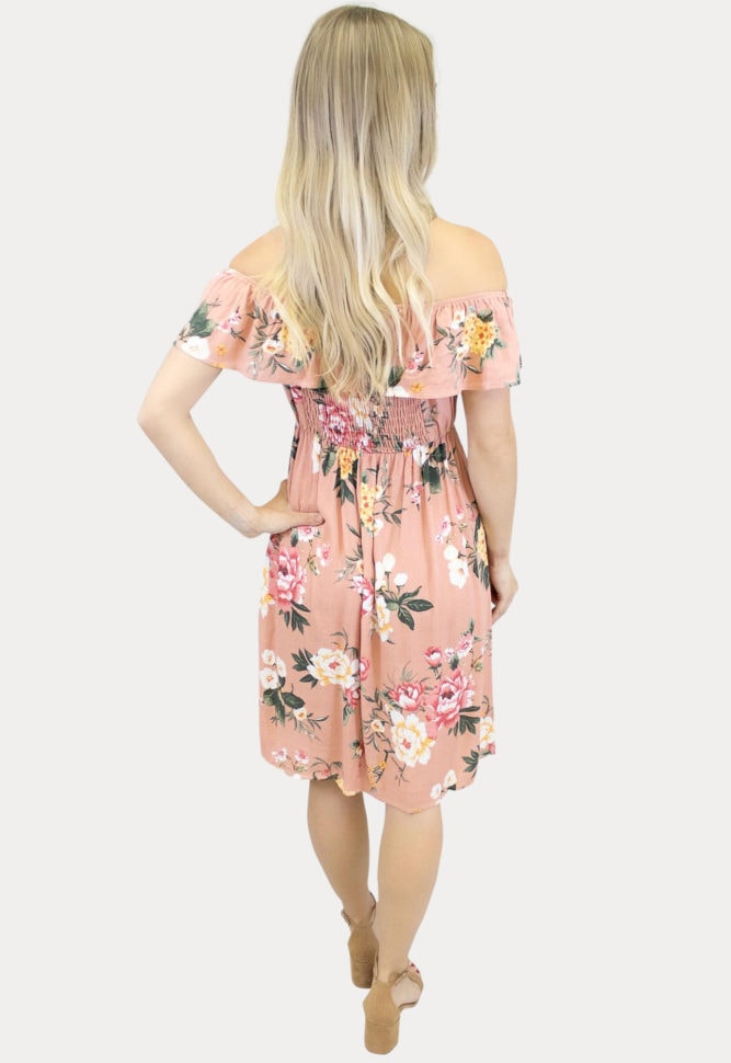 blush off the shoulder maternity dress