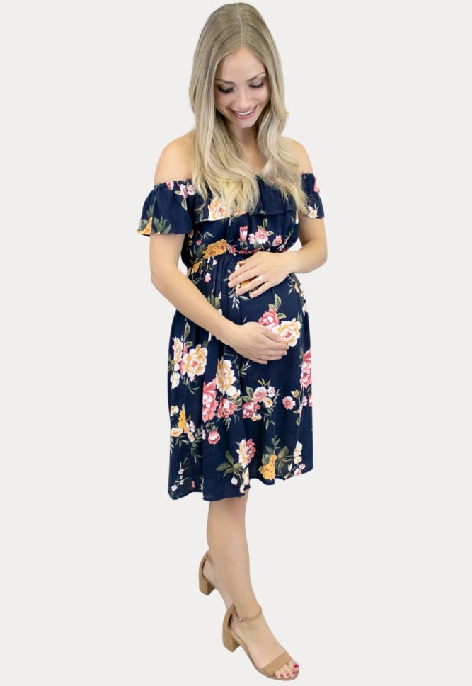 navy off the shoulder maternity dress