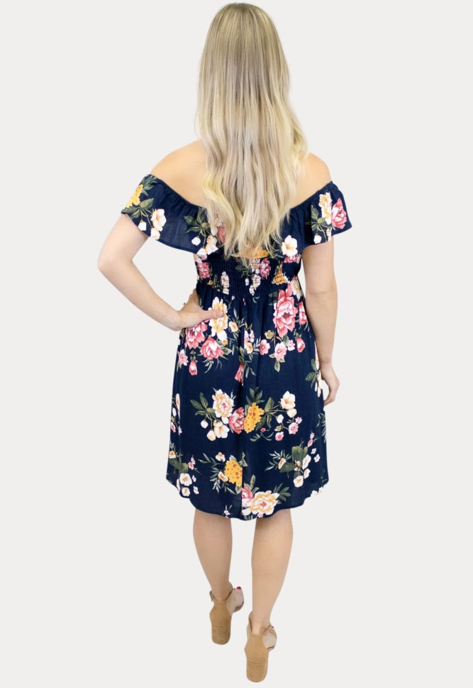 navy off the shoulder maternity dress