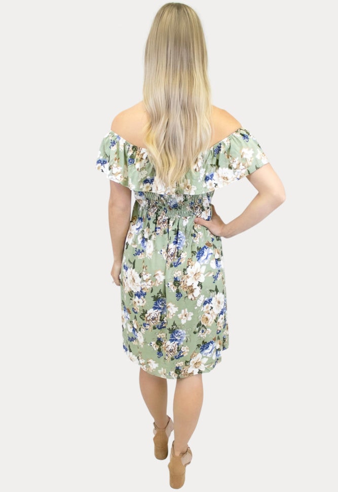 sage off the shoulder maternity dress