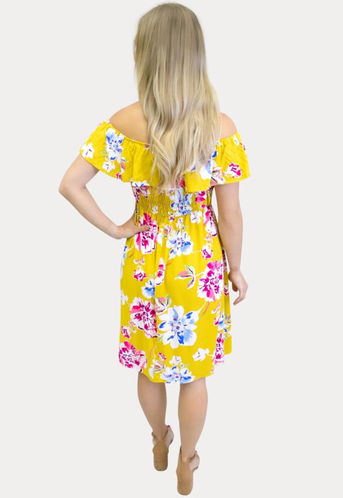 yellow off the shoulder maternity dress