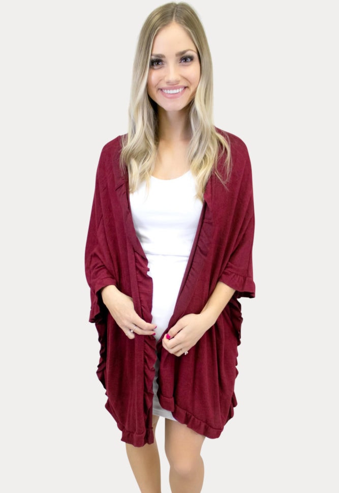 burgundy maternity knit ruffle kimono