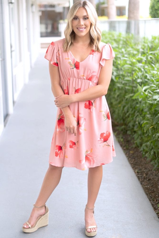 floral dress in papaya