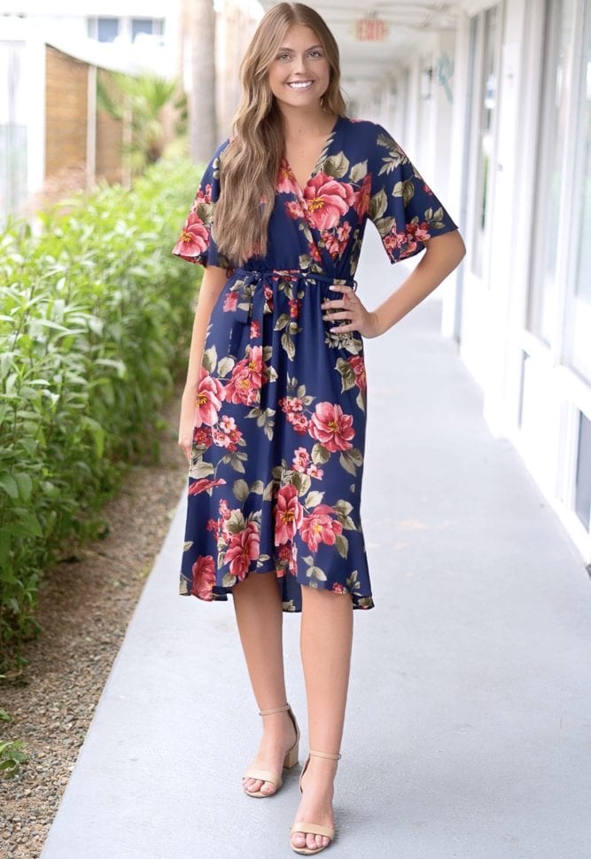 navy floral wrap dress