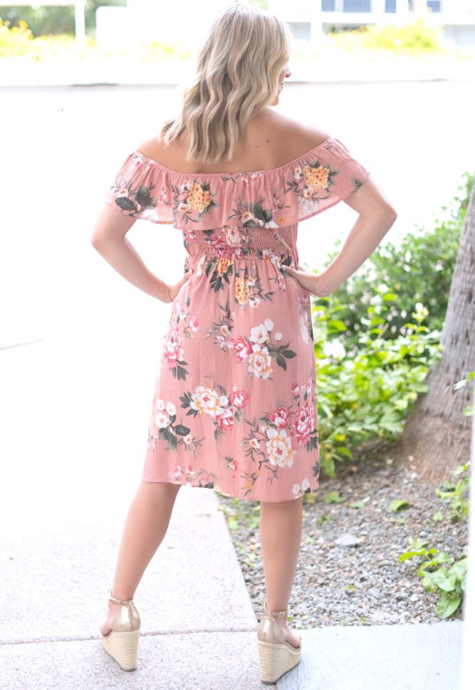 blush off the shoulder dress
