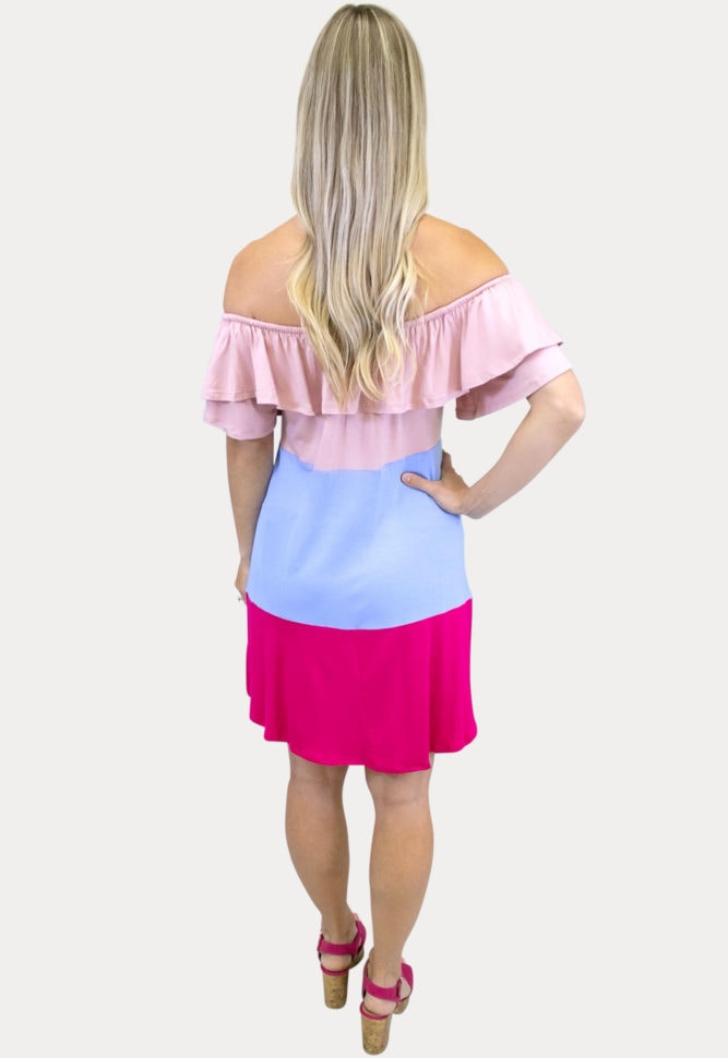 off shoulder gender reveal dress