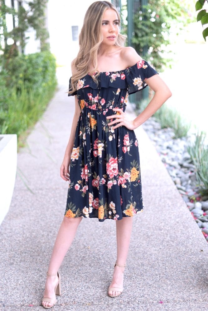 navy off the shoulder dress